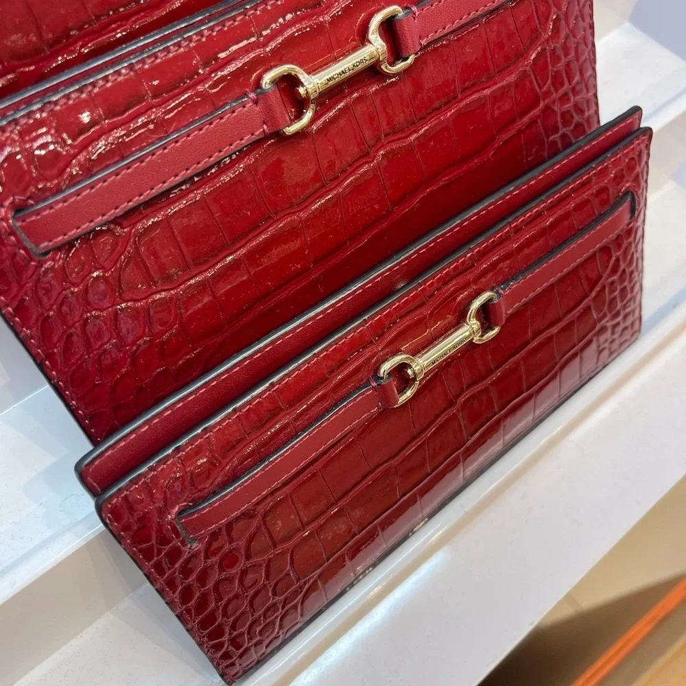 MICHAEL KORS Carson Large Snap Crocodile Embossed Bifold Wallet Cherry  NWT